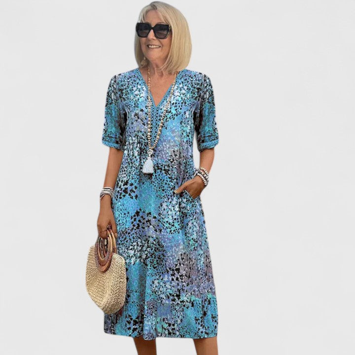 Effortless Abstract Print Maxi Dress for Women with Crochet V Neck Boho Casual Style