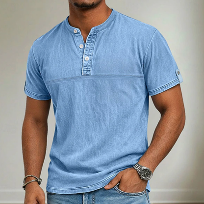 Classic Shirt for Men with Stand Collar Short Sleeve