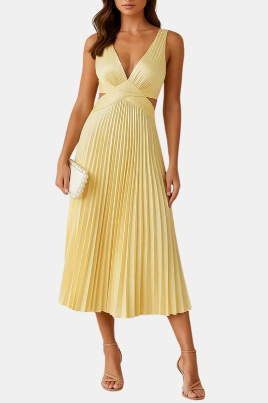 Elegant Cocktail Dress for Women with Deep V-Neck Sleeveless Side Cutout Pleated A-Line Midi Style