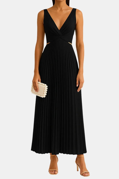 Elegant Cocktail Dress for Women with Deep V-Neck Sleeveless Side Cutout Pleated A-Line Midi Style