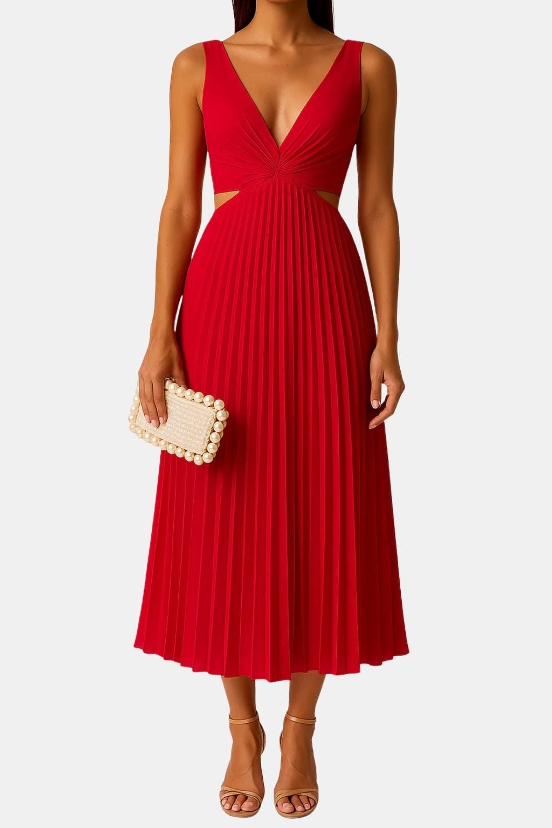 Elegant Cocktail Dress for Women with Deep V-Neck Sleeveless Side Cutout Pleated A-Line Midi Style