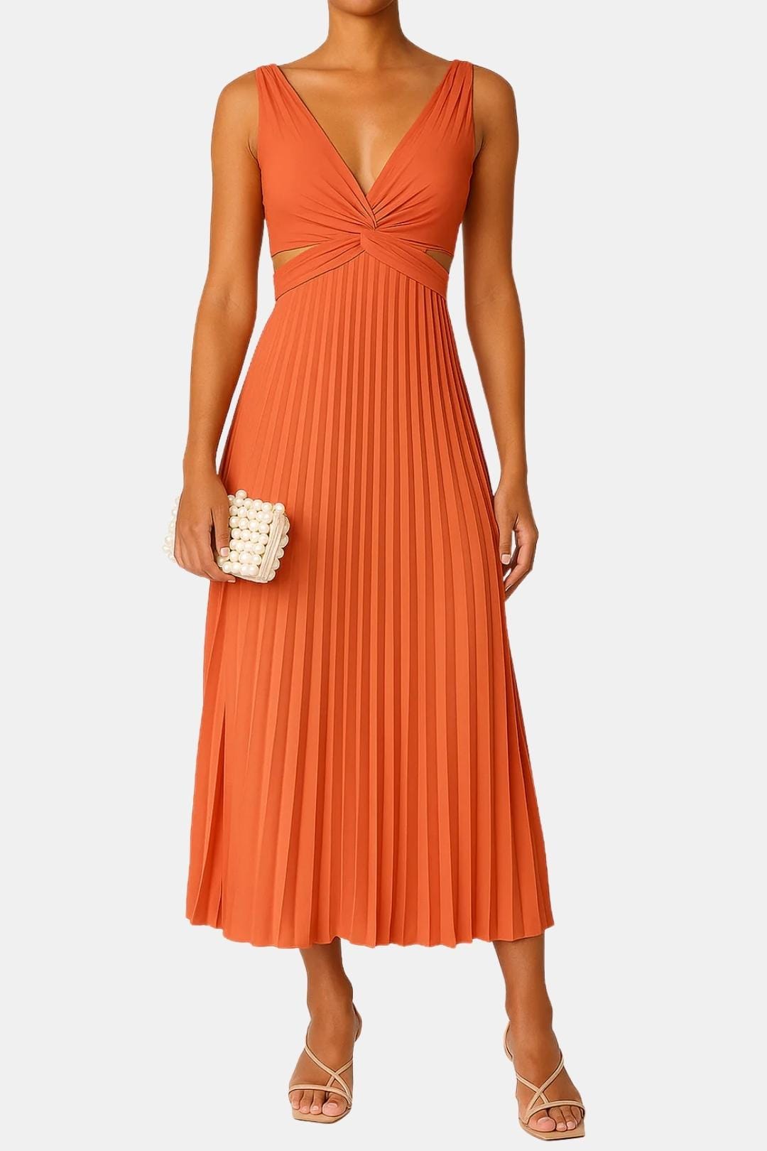 Elegant Cocktail Dress for Women with Deep V-Neck Sleeveless Side Cutout Pleated A-Line Midi Style
