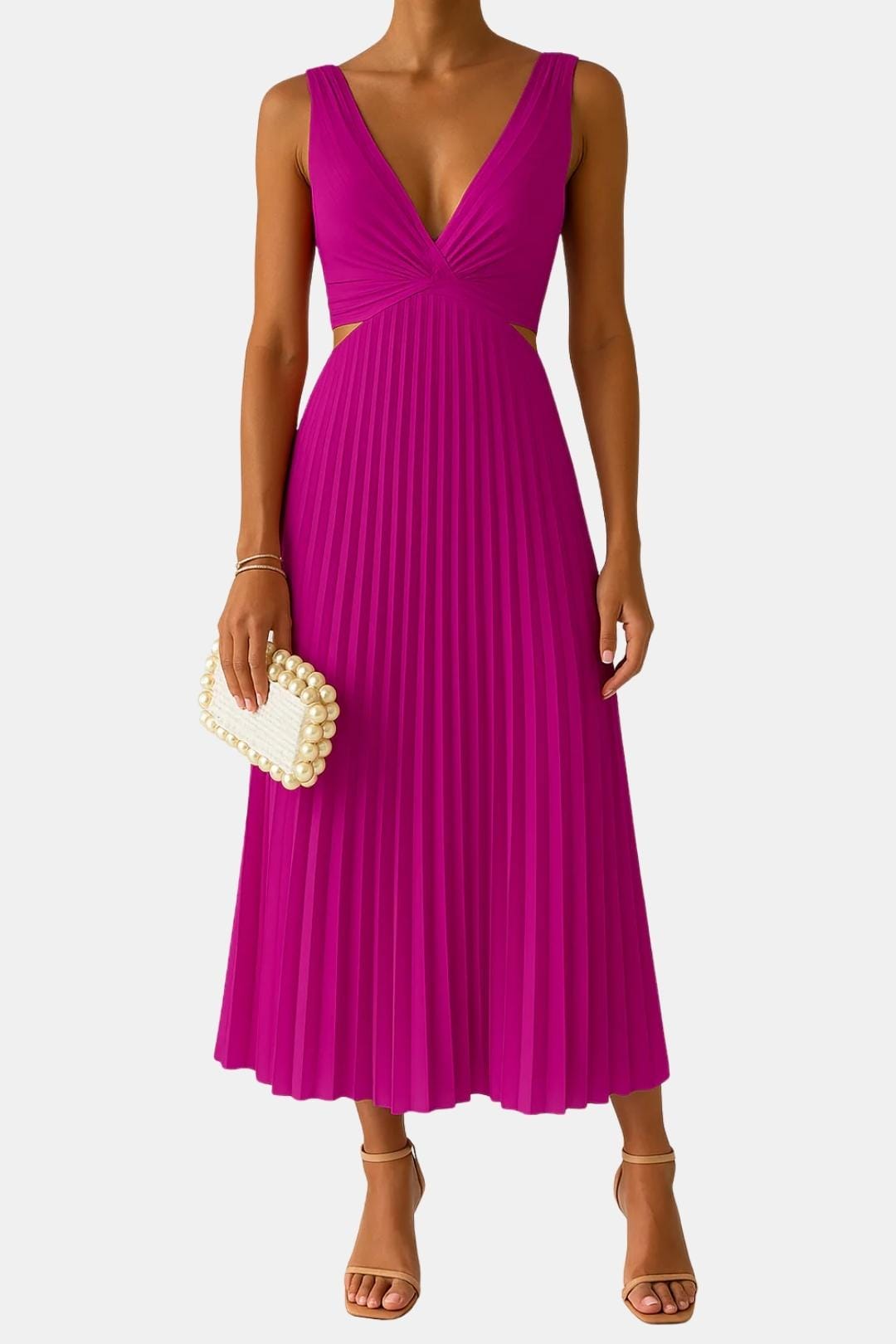 Elegant Cocktail Dress for Women with Deep V-Neck Sleeveless Side Cutout Pleated A-Line Midi Style