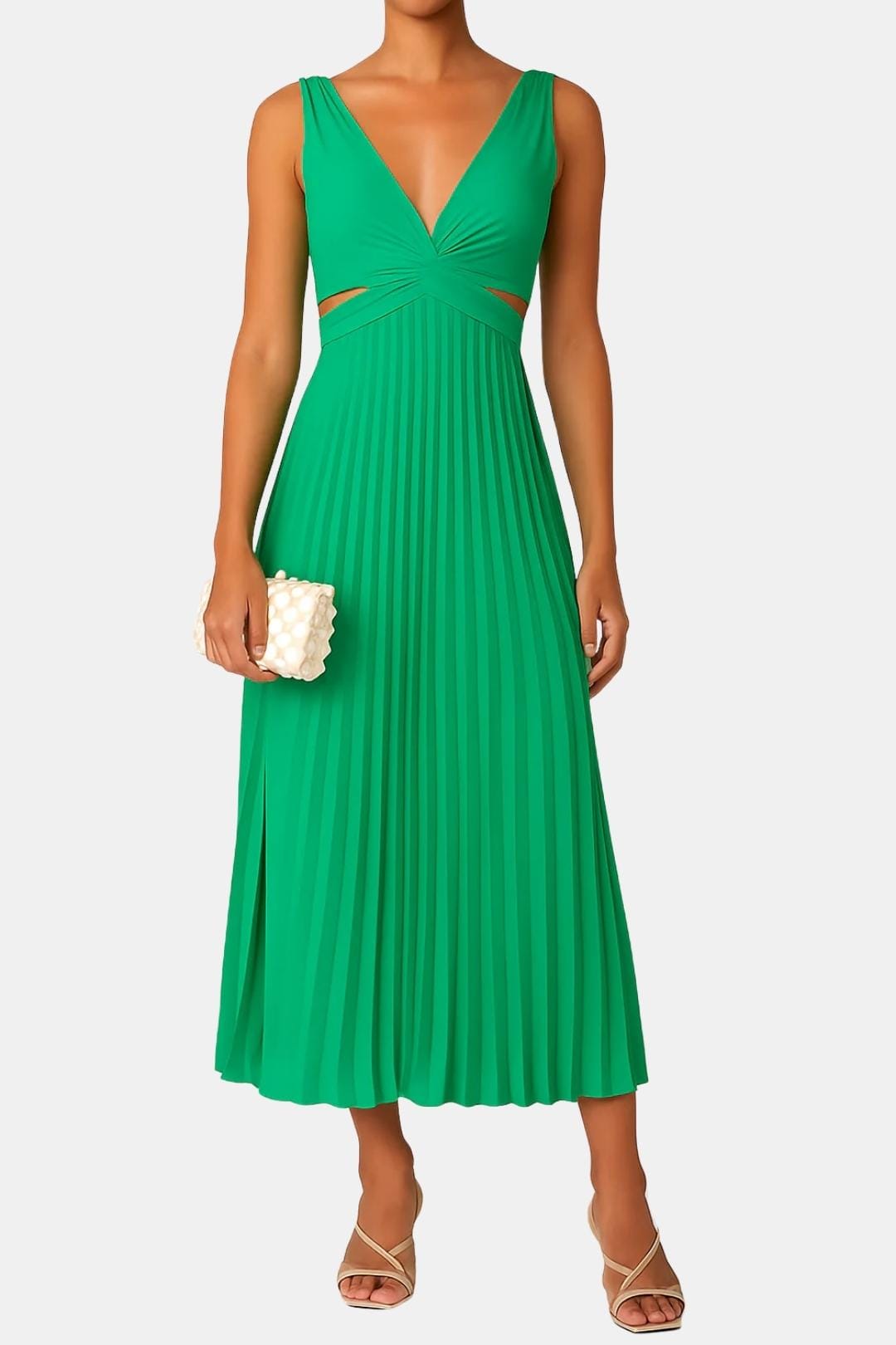 Elegant Cocktail Dress for Women with Deep V-Neck Sleeveless Side Cutout Pleated A-Line Midi Style