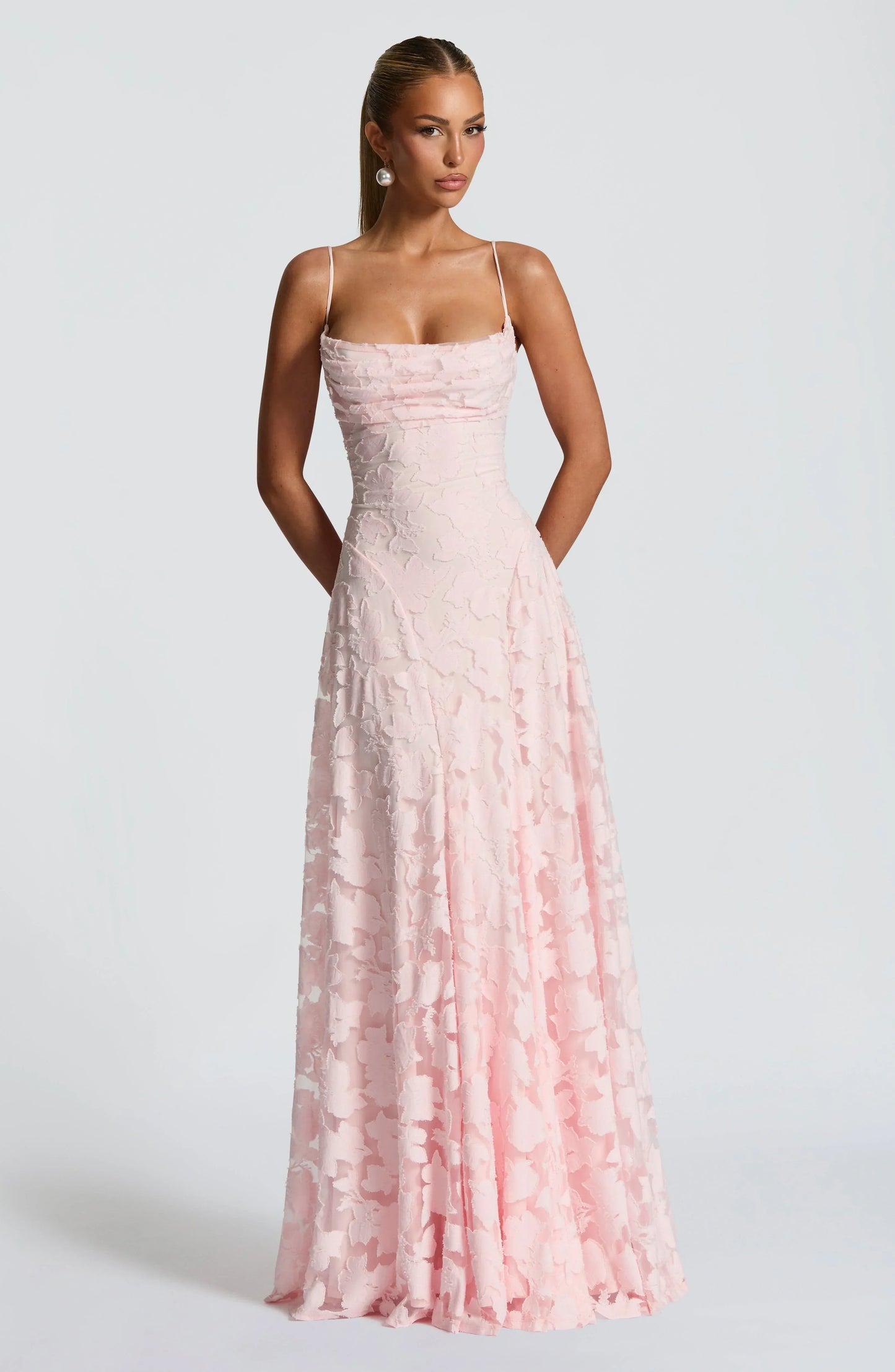 Elegant Formal Wedding Guest Dress for Women with Spaghetti Strap Floral Textured A-Line Maxi Style