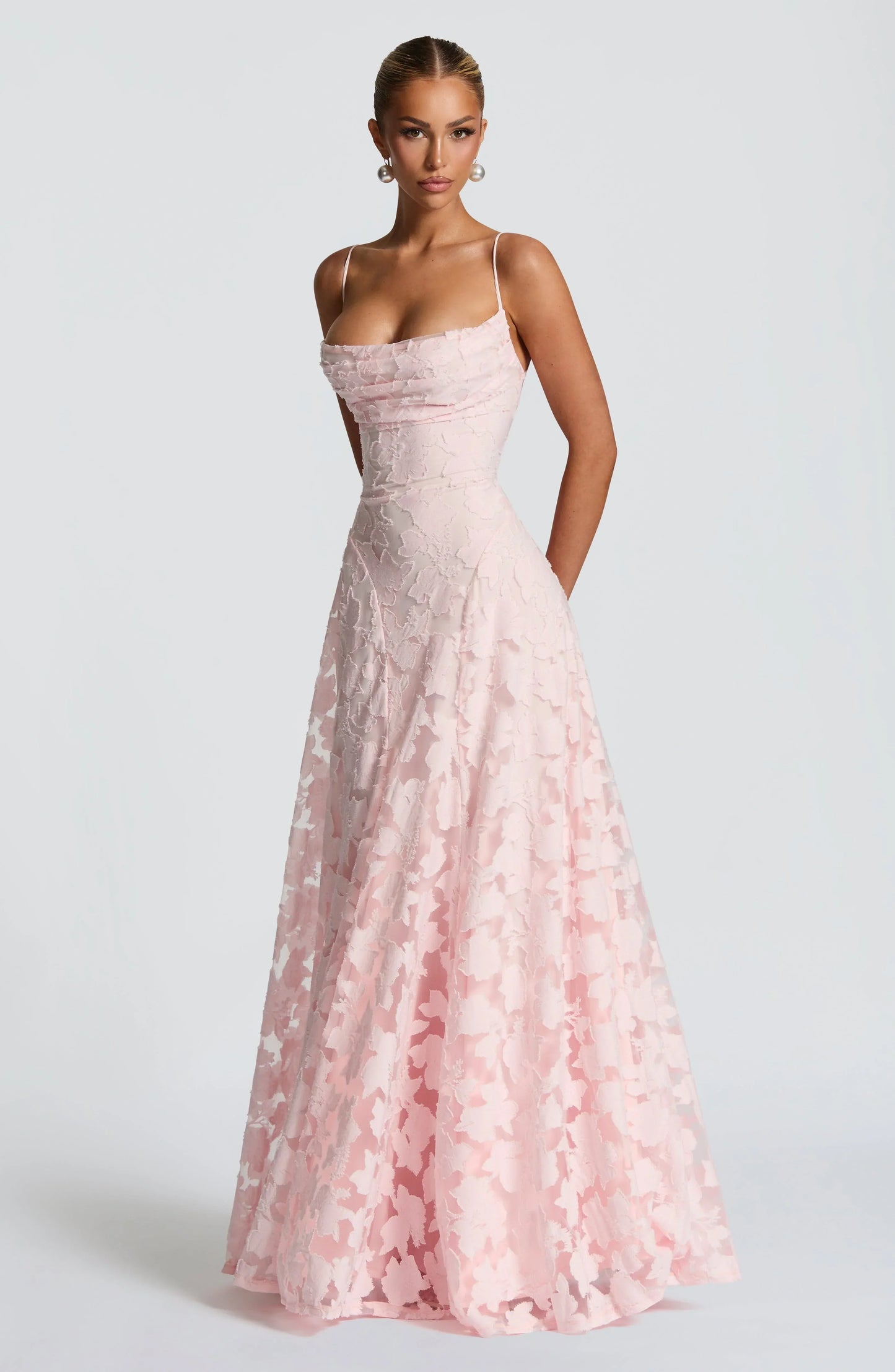 Elegant Formal Wedding Guest Dress for Women with Spaghetti Strap Floral Textured A-Line Maxi Style