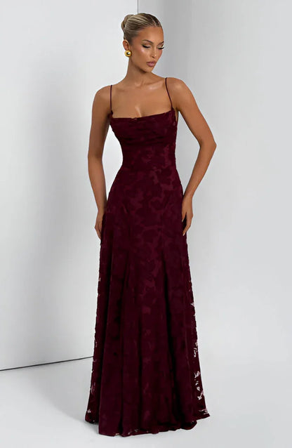 Elegant Formal Wedding Guest Dress for Women with Spaghetti Strap Floral Textured A-Line Maxi Style