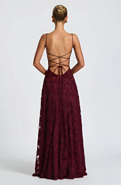 Elegant Formal Wedding Guest Dress for Women with Spaghetti Strap Floral Textured A-Line Maxi Style