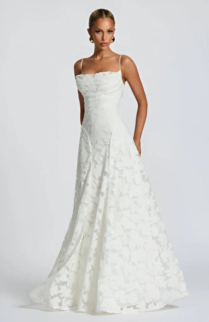 Elegant Formal Wedding Guest Dress for Women with Spaghetti Strap Floral Textured A-Line Maxi Style