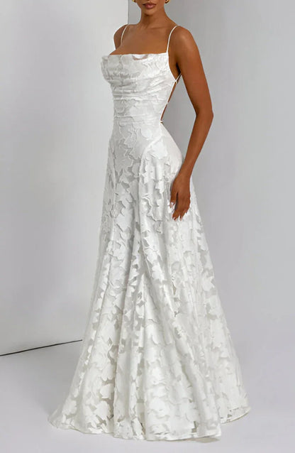 Elegant Formal Wedding Guest Dress for Women with Spaghetti Strap Floral Textured A-Line Maxi Style