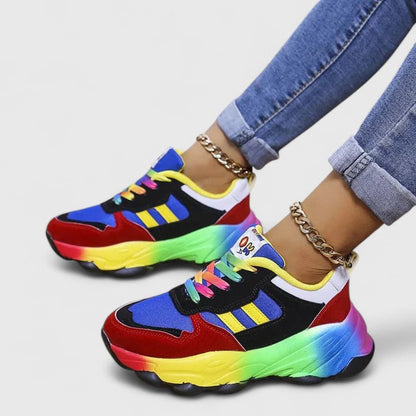 Stylish Orthopedic Sneakers for Women with Chunky Sole Rainbow Color Block Lace Up Casual Style