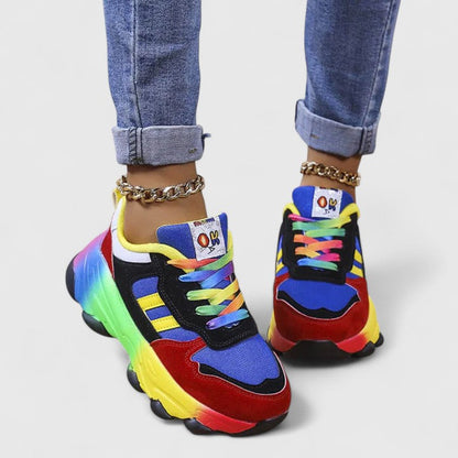 Stylish Orthopedic Sneakers for Women with Chunky Sole Rainbow Color Block Lace Up Casual Style