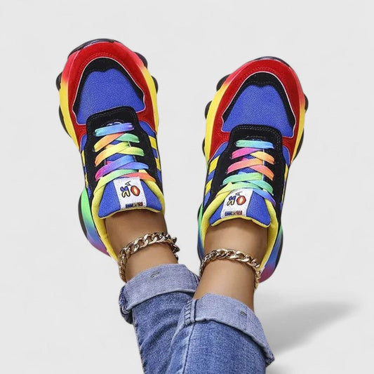 Stylish Orthopedic Sneakers for Women with Chunky Sole Rainbow Color Block Lace Up Casual Style