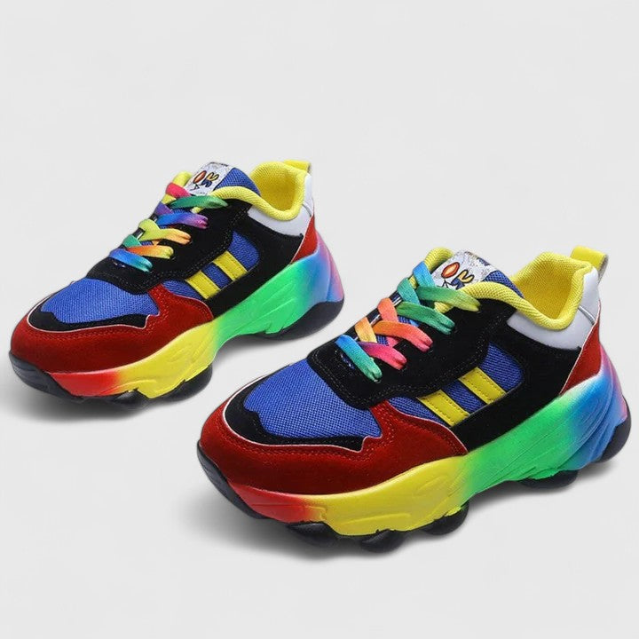 Stylish Orthopedic Sneakers for Women with Chunky Sole Rainbow Color Block Lace Up Casual Style