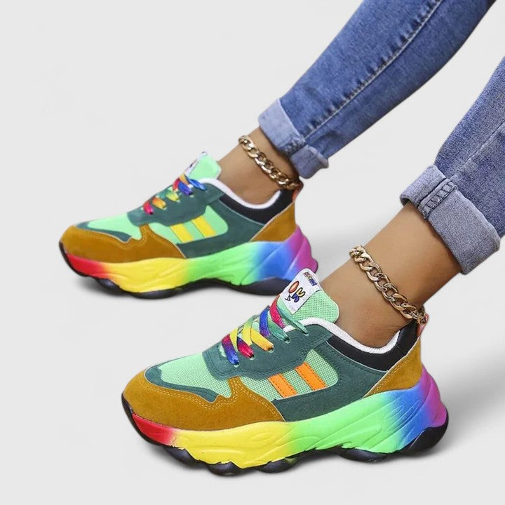 Stylish Orthopedic Sneakers for Women with Chunky Sole Rainbow Color Block Lace Up Casual Style