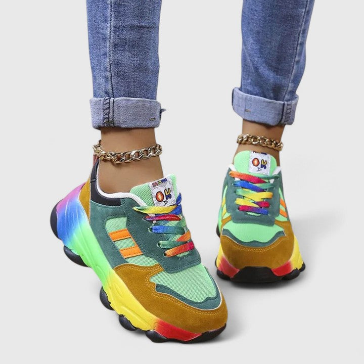 Stylish Orthopedic Sneakers for Women with Chunky Sole Rainbow Color Block Lace Up Casual Style