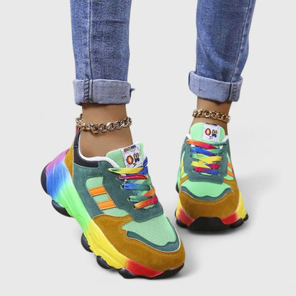 Stylish Orthopedic Sneakers for Women with Chunky Sole Rainbow Color Block Lace Up Casual Style