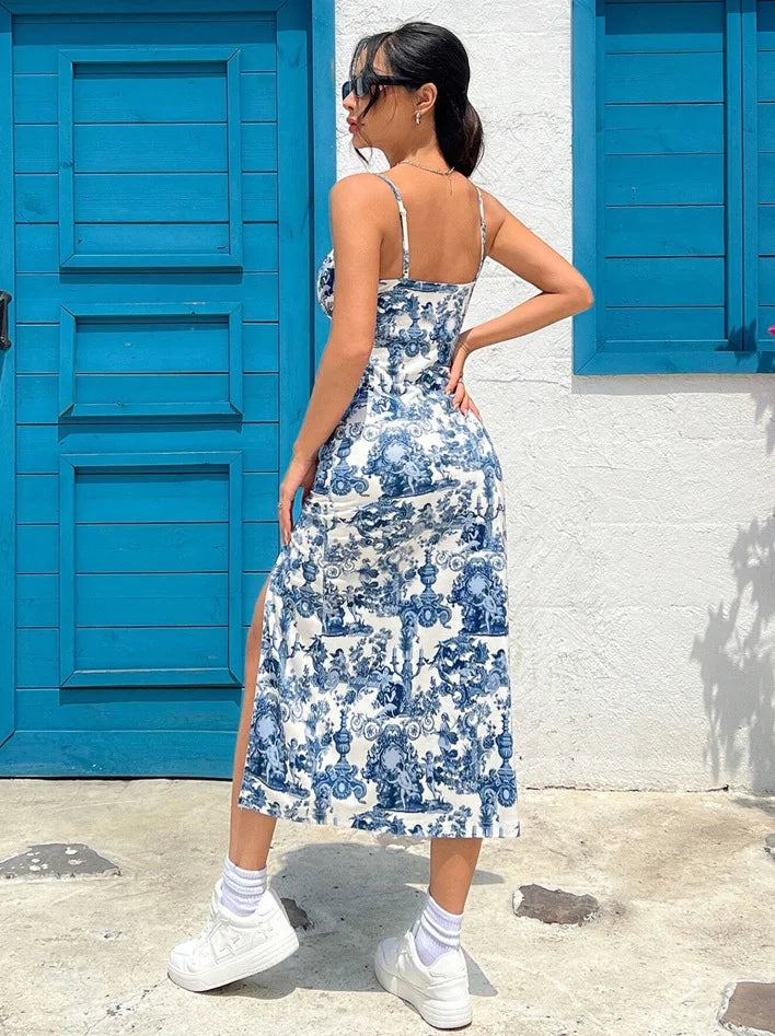 Effortless Sundress for Women with Square Neck Spaghetti Strap Floral Print Ruched Side Slit Midi Style