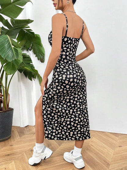 Effortless Sundress for Women with Square Neck Spaghetti Strap Floral Print Ruched Side Slit Midi Style