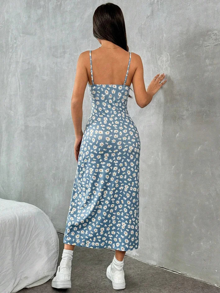 Effortless Sundress for Women with Square Neck Spaghetti Strap Floral Print Ruched Side Slit Midi Style