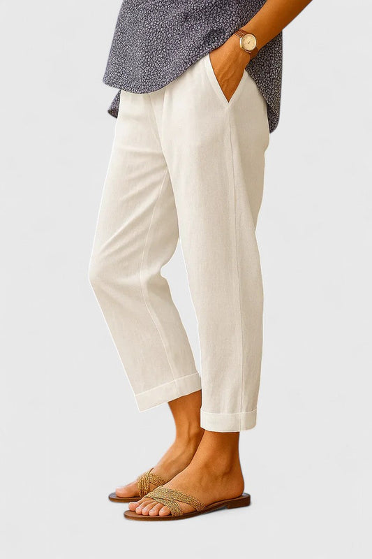 Comfortable Linen Cropped Pants for Women with Mid Rise Cuffed Hem Straight Leg Business Casual Style