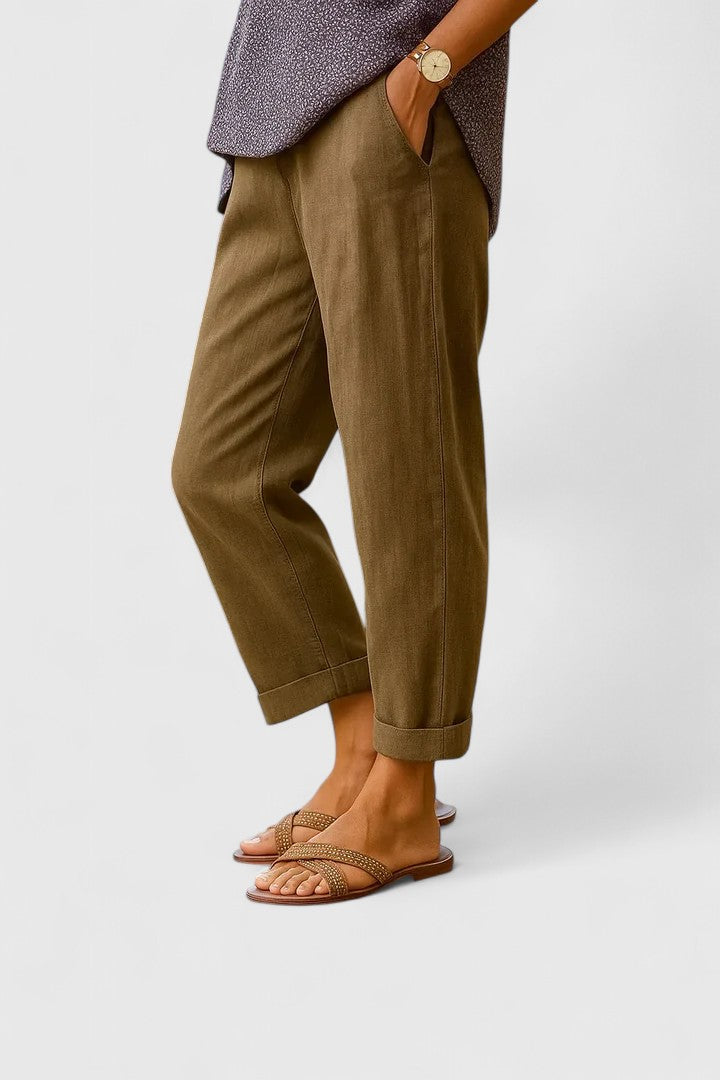 Comfortable Linen Cropped Pants for Women with Mid Rise Cuffed Hem Straight Leg Business Casual Style