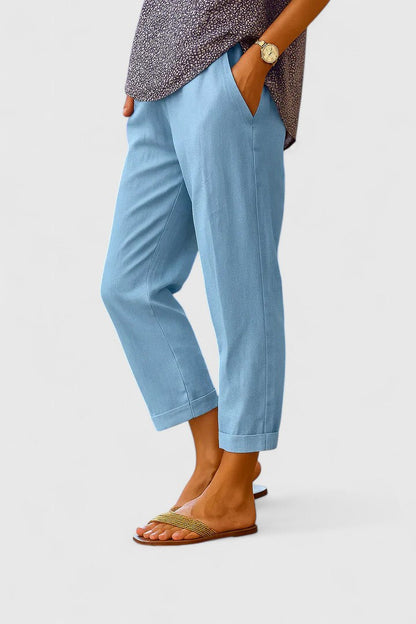 Comfortable Linen Cropped Pants for Women with Mid Rise Cuffed Hem Straight Leg Business Casual Style