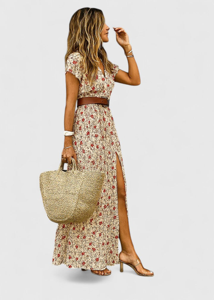 Effortless Floral Wrap Maxi Dress for Women with V-Neck Cap Sleeve Side Slit