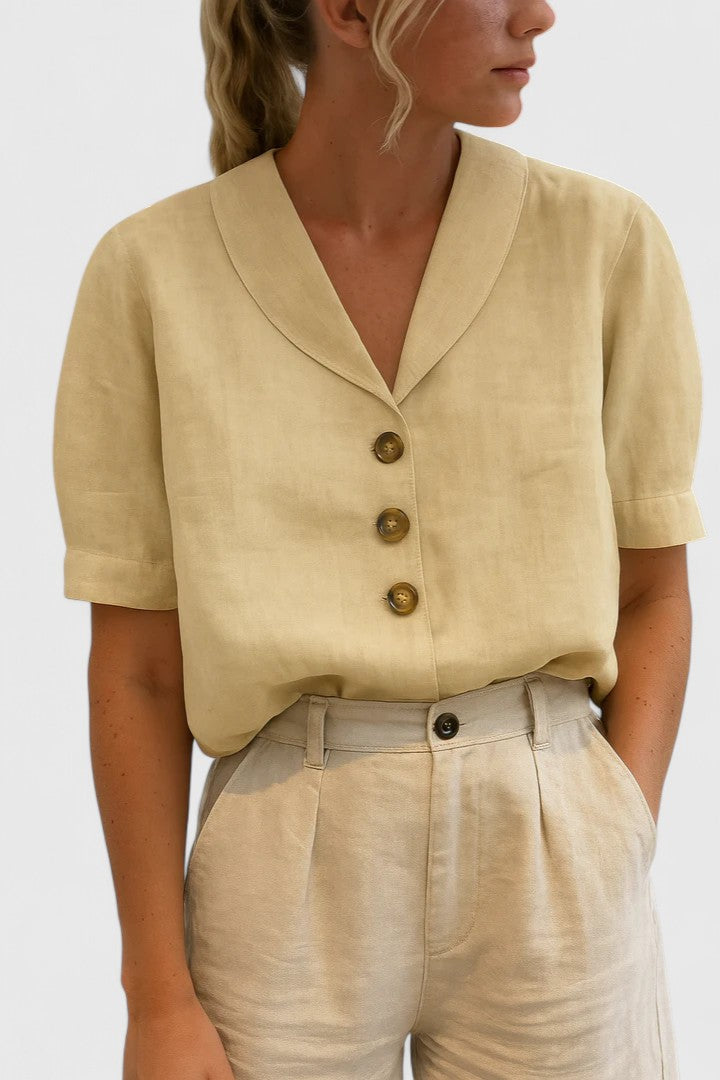 Effortless Linen Blouse for Women with Shawl Collar Short Sleeve Button Front Relaxed Style