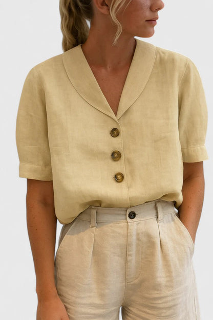 Effortless Linen Blouse for Women with Shawl Collar Short Sleeve Button Front Relaxed Style
