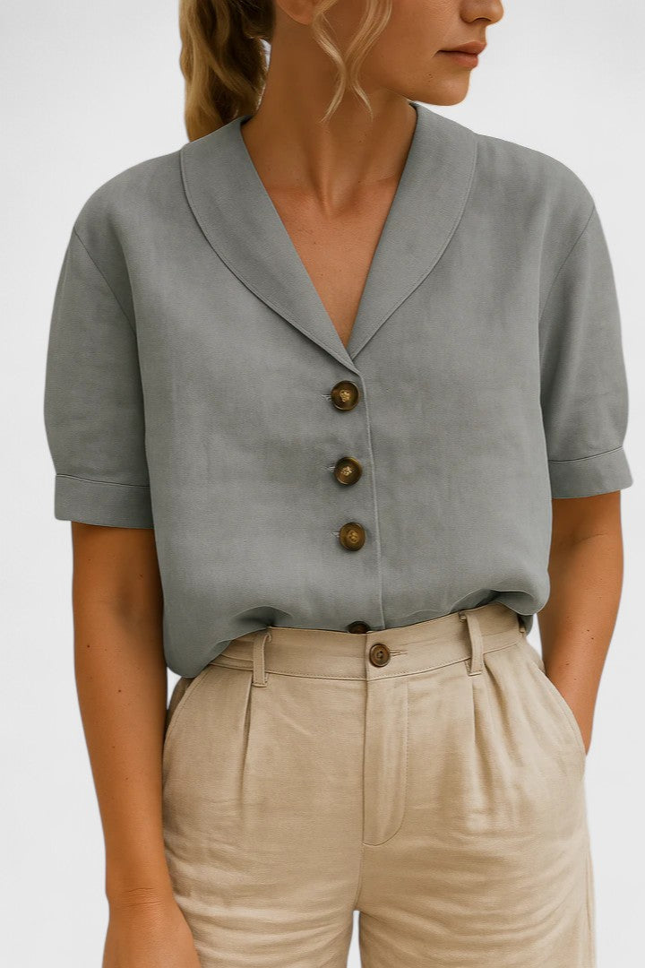 Effortless Linen Blouse for Women with Shawl Collar Short Sleeve Button Front Relaxed Style