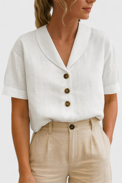 Effortless Linen Blouse for Women with Shawl Collar Short Sleeve Button Front Relaxed Style