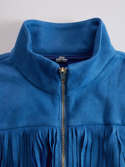 Stylish Dress for Women with Stand Collar Zip Front Long Sleeve Faux Suede Tassel Fringe Mini Style