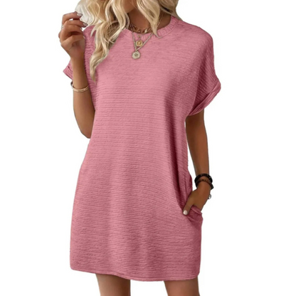 Effortless Sundress for Women with Crew Neck Short Sleeve Jersey Pocket Loose Casual Mini Style