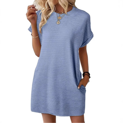 Effortless Sundress for Women with Crew Neck Short Sleeve Jersey Pocket Loose Casual Mini Style