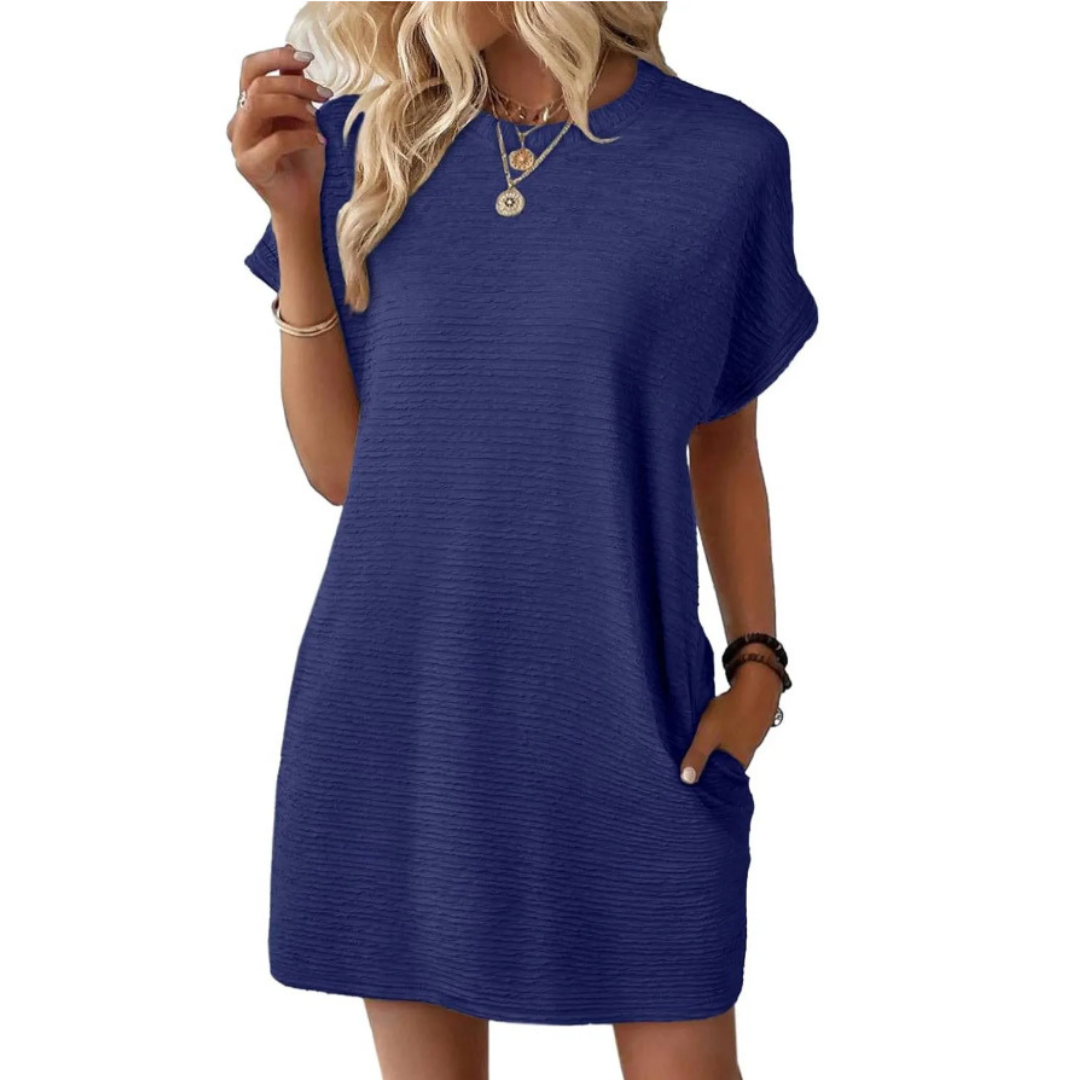 Effortless Sundress for Women with Crew Neck Short Sleeve Jersey Pocket Loose Casual Mini Style