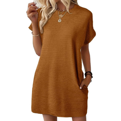 Effortless Sundress for Women with Crew Neck Short Sleeve Jersey Pocket Loose Casual Mini Style