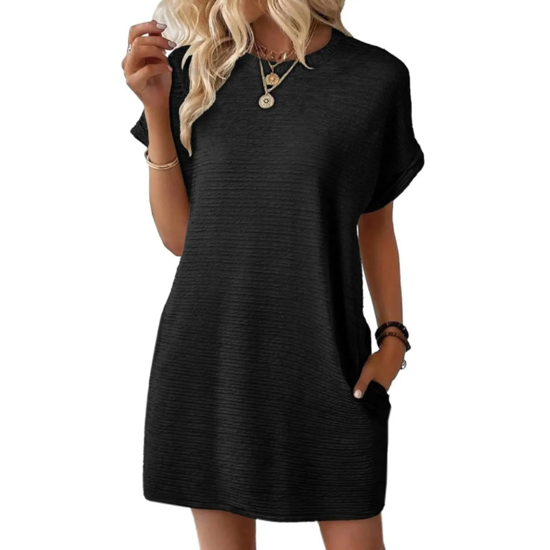 Effortless Sundress for Women with Crew Neck Short Sleeve Jersey Pocket Loose Casual Mini Style