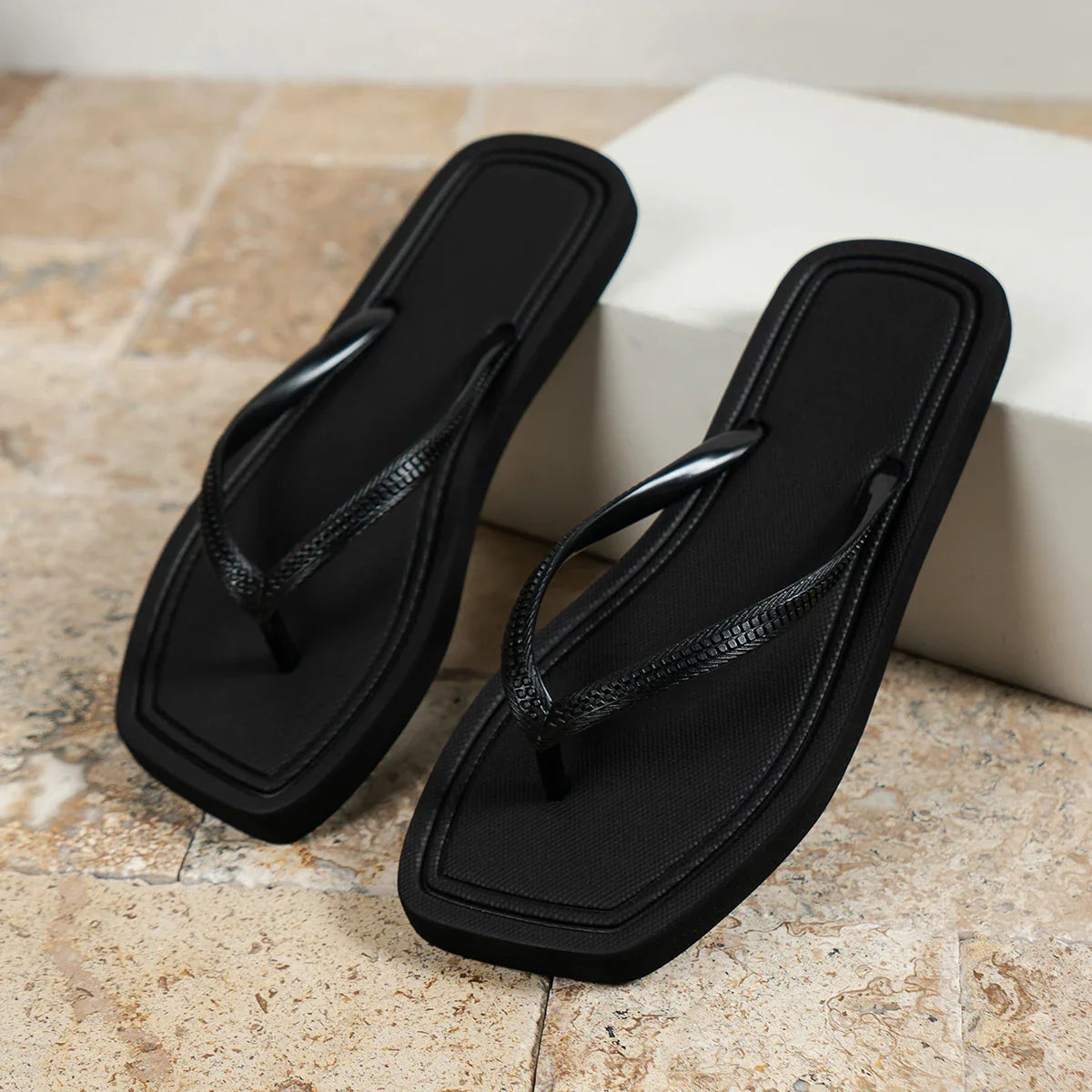 Stylish Flip Flops for Women with Square Toe Woven Strap Flat Sole Minimalist Beach Casual Sandal Style