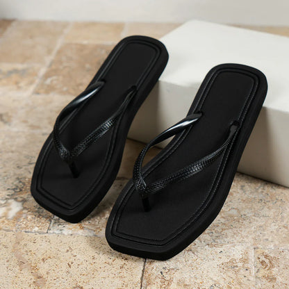 Stylish Flip Flops for Women with Square Toe Woven Strap Flat Sole Minimalist Beach Casual Sandal Style