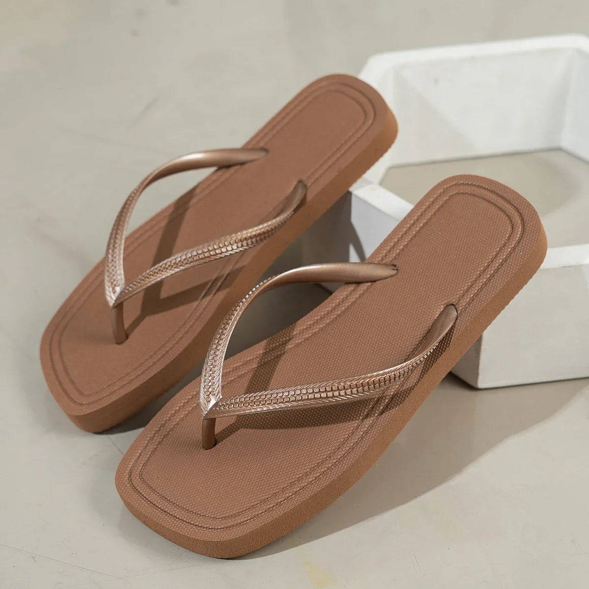 Stylish Flip Flops for Women with Square Toe Woven Strap Flat Sole Minimalist Beach Casual Sandal Style