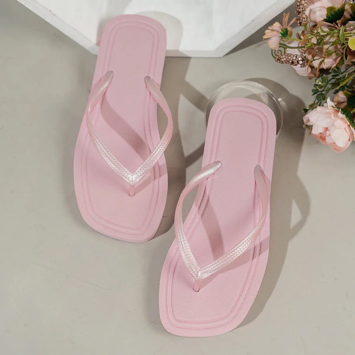 Stylish Flip Flops for Women with Square Toe Woven Strap Flat Sole Minimalist Beach Casual Sandal Style