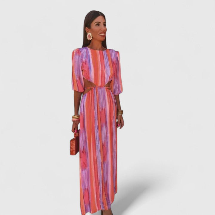 Stylish Pink Dress for Women with Crew Neck Elbow Sleeve Stripe Print Side Cutout Maxi Casual Style