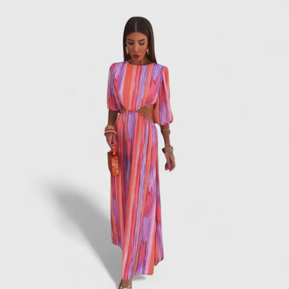 Stylish Pink Dress for Women with Crew Neck Elbow Sleeve Stripe Print Side Cutout Maxi Casual Style