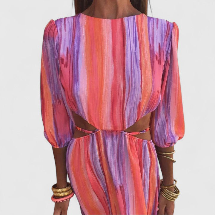 Stylish Pink Dress for Women with Crew Neck Elbow Sleeve Stripe Print Side Cutout Maxi Casual Style