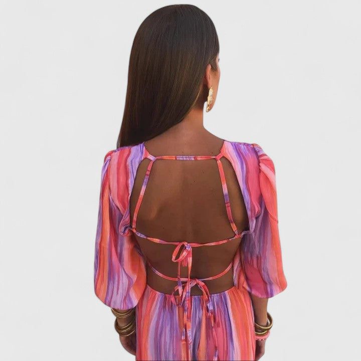 Stylish Pink Dress for Women with Crew Neck Elbow Sleeve Stripe Print Side Cutout Maxi Casual Style