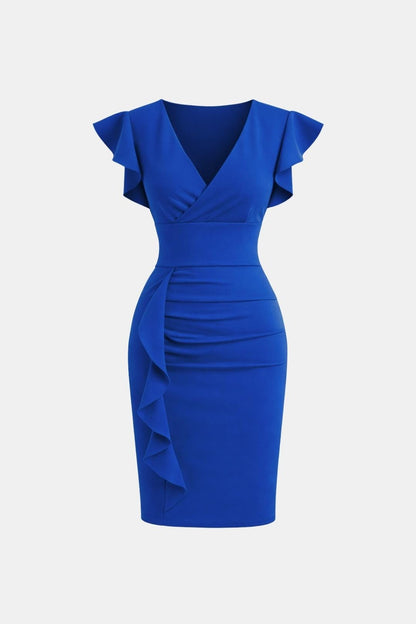 Elegant Cocktail Dress for Women with V-Neck Flutter Sleeve Ruched Waist Bodycon Mini Party Style