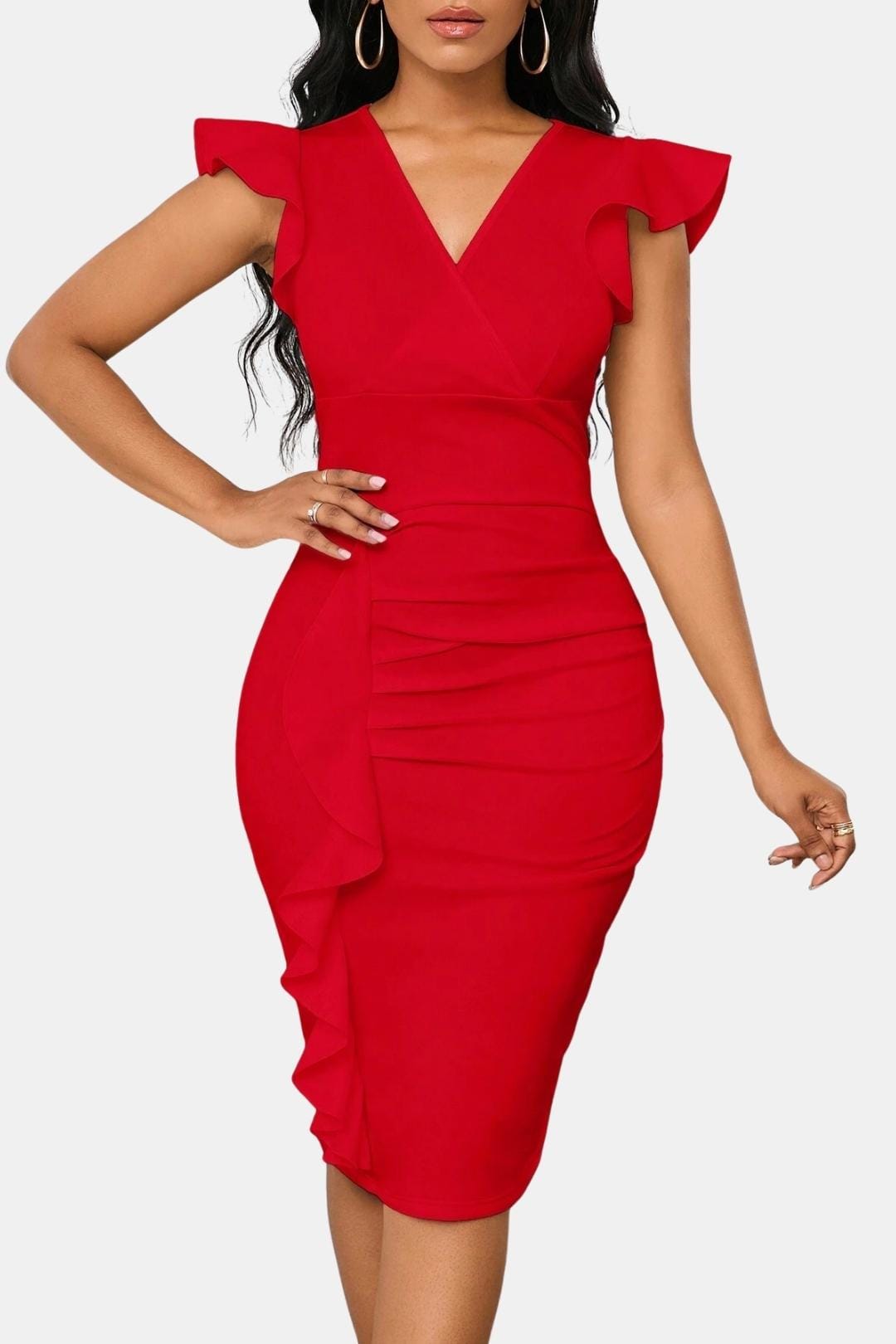 Elegant Cocktail Dress for Women with V-Neck Flutter Sleeve Ruched Waist Bodycon Mini Party Style