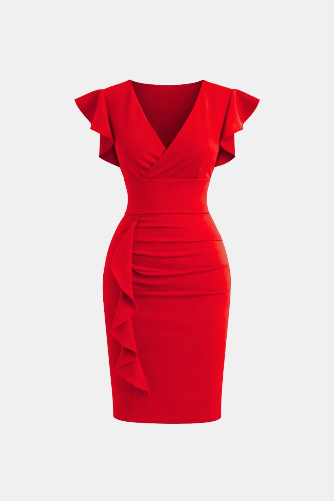 Elegant Cocktail Dress for Women with V-Neck Flutter Sleeve Ruched Waist Bodycon Mini Party Style