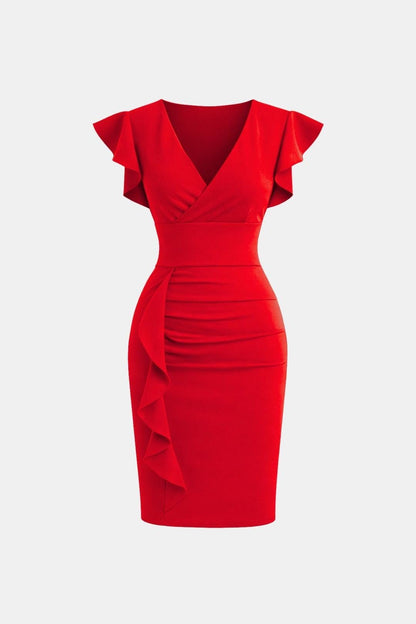 Elegant Cocktail Dress for Women with V-Neck Flutter Sleeve Ruched Waist Bodycon Mini Party Style